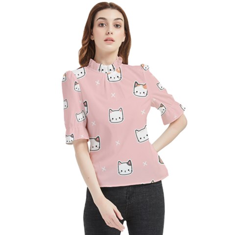 Cute Cat Cartoon Doodle Seamless Pink Pattern Frill Neck Blouse by Grandong