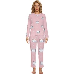 Cute Cat Cartoon Doodle Seamless Pink Pattern Womens  Long Sleeve Lightweight Pajamas Set by Grandong