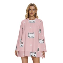 Cute Cat Cartoon Doodle Seamless Pink Pattern Round Neck Long Sleeve Bohemian Style Chiffon Mini Dress by Grandong