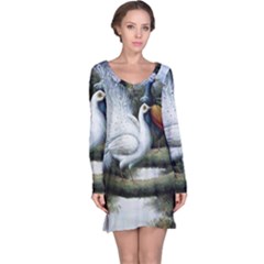 Canvas Oil Painting Two Peacock Long Sleeve Nightdress by Grandong