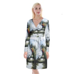 Canvas Oil Painting Two Peacock Long Sleeve Velvet Front Wrap Dress by Grandong