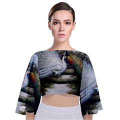 Canvas Oil Painting Two Peacock Tie Back Butterfly Sleeve Chiffon Top by Grandong