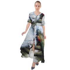 Canvas Oil Painting Two Peacock Waist Tie Boho Maxi Dress by Grandong