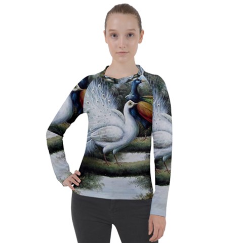 Canvas Oil Painting Two Peacock Women s Pique Long Sleeve T-shirt by Grandong