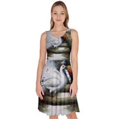 Canvas Oil Painting Two Peacock Knee Length Skater Dress With Pockets by Grandong