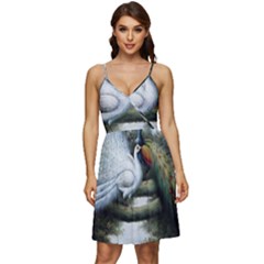 Canvas Oil Painting Two Peacock V-neck Pocket Summer Dress  by Grandong