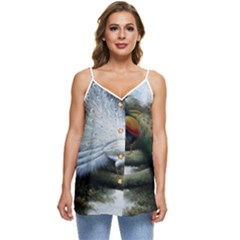 Canvas Oil Painting Two Peacock Casual Spaghetti Strap Chiffon Top by Grandong