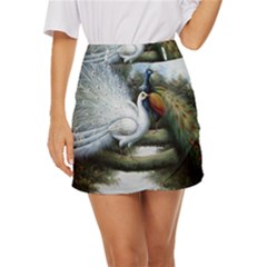 Canvas Oil Painting Two Peacock Mini Front Wrap Skirt by Grandong