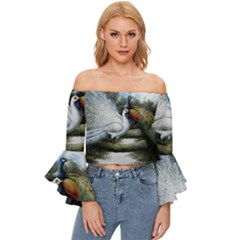 Canvas Oil Painting Two Peacock Off Shoulder Flutter Bell Sleeve Top by Grandong