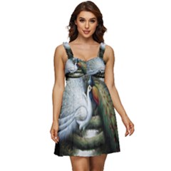 Canvas Oil Painting Two Peacock Ruffle Strap Babydoll Chiffon Dress by Grandong