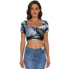 Canvas Oil Painting Two Peacock Short Sleeve Square Neckline Crop Top  by Grandong