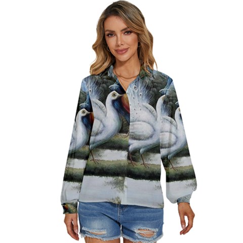 Canvas Oil Painting Two Peacock Women s Long Sleeve Button Up Shirt by Grandong