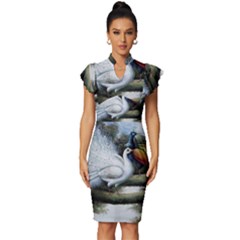 Canvas Oil Painting Two Peacock Vintage Frill Sleeve V-neck Bodycon Dress by Grandong