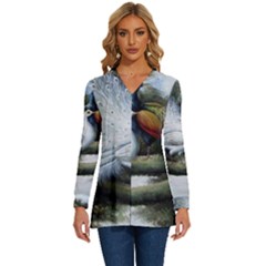 Canvas Oil Painting Two Peacock Long Sleeve Drawstring Hooded Top