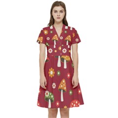 Woodland Mushroom And Daisy Seamless Pattern Short Sleeve Waist Detail Dress by Grandong