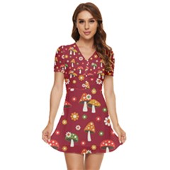 Woodland Mushroom And Daisy Seamless Pattern V-neck High Waist Chiffon Mini Dress by Grandong