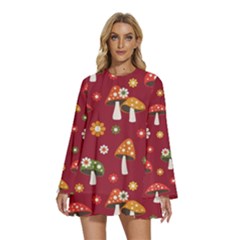 Woodland Mushroom And Daisy Seamless Pattern Round Neck Long Sleeve Bohemian Style Chiffon Mini Dress by Grandong