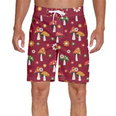 Woodland Mushroom And Daisy Seamless Pattern Men s Beach Shorts