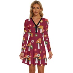 Woodland Mushroom And Daisy Seamless Pattern Long Sleeve Deep V Mini Dress  by Grandong