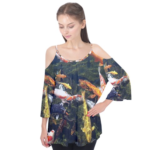 Koi Pond 3d Fish Flutter Sleeve T-shirt  by Grandong