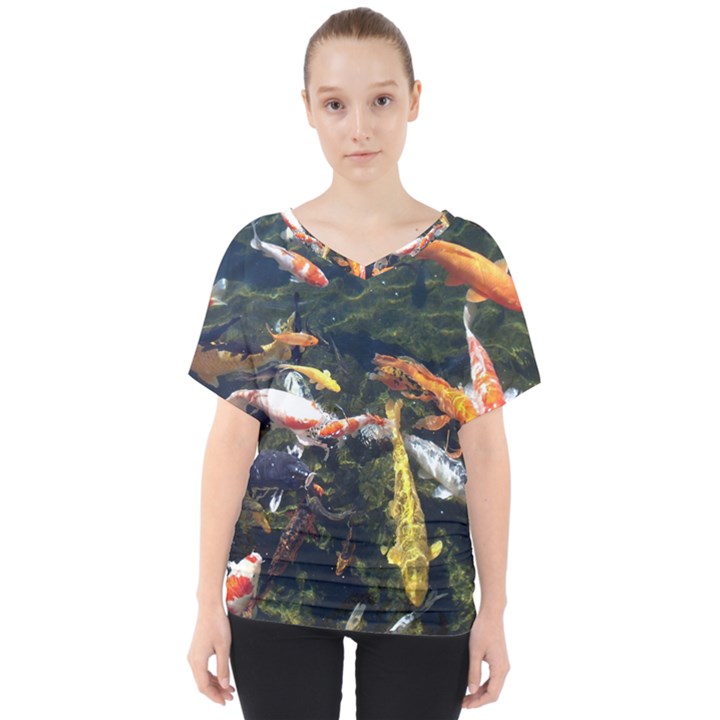 Koi Pond 3d Fish V-Neck Dolman Drape Top