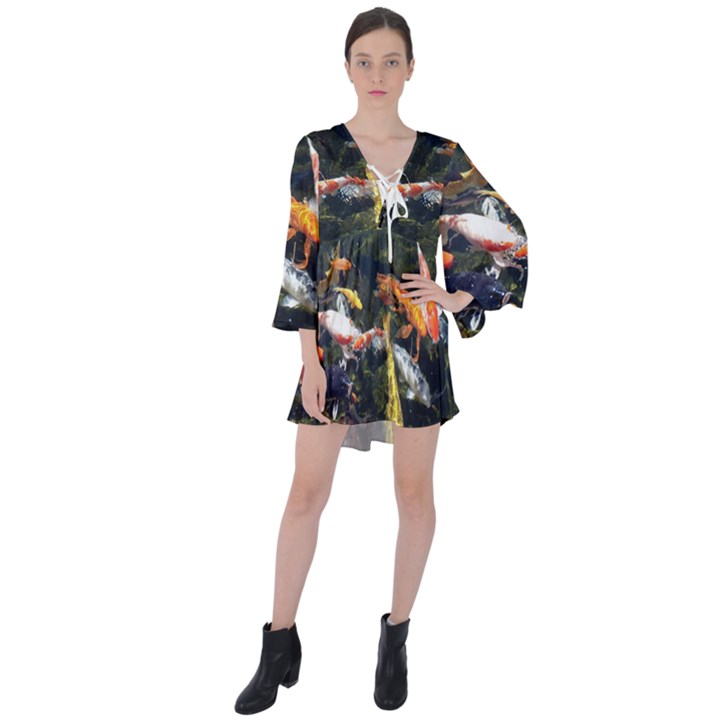 Koi Pond 3d Fish V-Neck Flare Sleeve Mini Dress