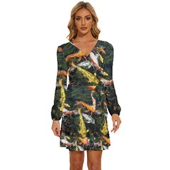 Koi Pond 3d Fish Long Sleeve Waist Tie Ruffle Velvet Dress by Grandong