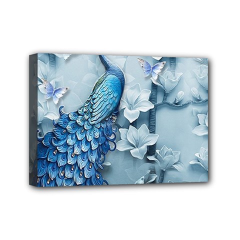 Chinese Style 3d Embossed Blue Peacock Oil Painting Mini Canvas 7  X 5  (stretched) by Grandong