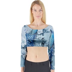 Chinese Style 3d Embossed Blue Peacock Oil Painting Long Sleeve Crop Top by Grandong