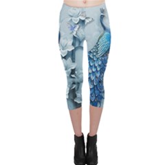 Chinese Style 3d Embossed Blue Peacock Oil Painting Capri Leggings  by Grandong