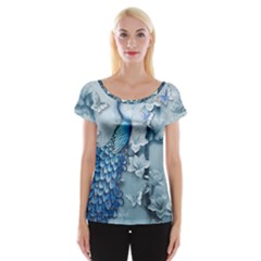 Chinese Style 3d Embossed Blue Peacock Oil Painting Cap Sleeve Top by Grandong