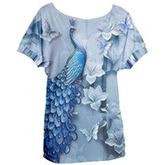 Chinese Style 3d Embossed Blue Peacock Oil Painting Women s Oversized T-shirt by Grandong