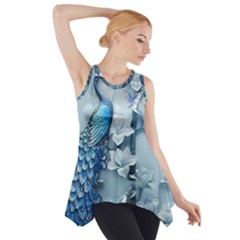 Chinese Style 3d Embossed Blue Peacock Oil Painting Side Drop Tank Tunic by Grandong