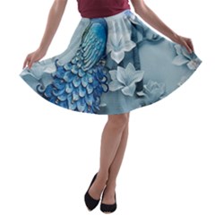 Chinese Style 3d Embossed Blue Peacock Oil Painting A-line Skater Skirt by Grandong