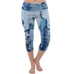 Chinese Style 3d Embossed Blue Peacock Oil Painting Capri Yoga Leggings by Grandong