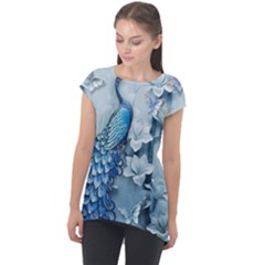 Chinese Style 3d Embossed Blue Peacock Oil Painting Cap Sleeve High Low Top by Grandong