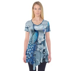 Chinese Style 3d Embossed Blue Peacock Oil Painting Short Sleeve Tunic  by Grandong