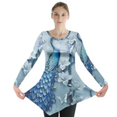 Chinese Style 3d Embossed Blue Peacock Oil Painting Long Sleeve Tunic  by Grandong