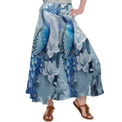 Chinese Style 3d Embossed Blue Peacock Oil Painting Women s Satin Palazzo Pants by Grandong