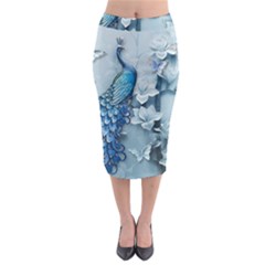 Chinese Style 3d Embossed Blue Peacock Oil Painting Midi Pencil Skirt by Grandong