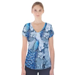 Chinese Style 3d Embossed Blue Peacock Oil Painting Short Sleeve Front Detail Top by Grandong