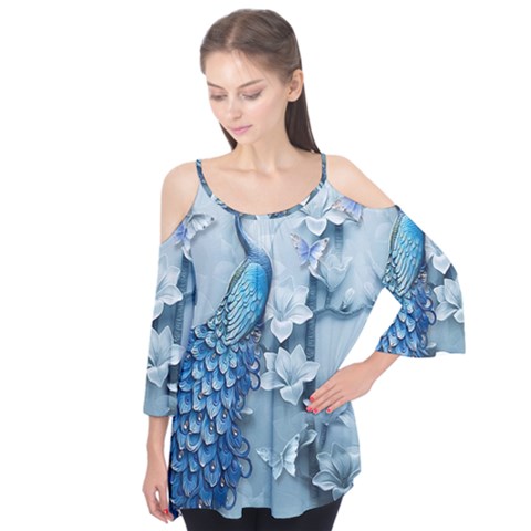 Chinese Style 3d Embossed Blue Peacock Oil Painting Flutter Sleeve T-shirt  by Grandong