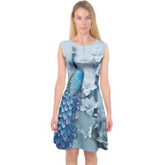 Chinese Style 3d Embossed Blue Peacock Oil Painting Capsleeve Midi Dress by Grandong