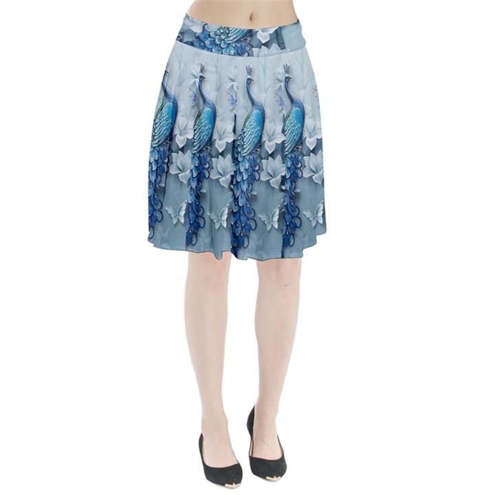 Chinese Style 3d Embossed Blue Peacock Oil Painting Pleated Skirt