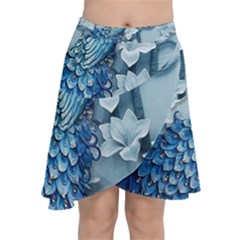 Chinese Style 3d Embossed Blue Peacock Oil Painting Chiffon Wrap Front Skirt by Grandong