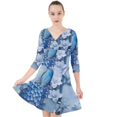 Chinese Style 3d Embossed Blue Peacock Oil Painting Quarter Sleeve Front Wrap Dress by Grandong