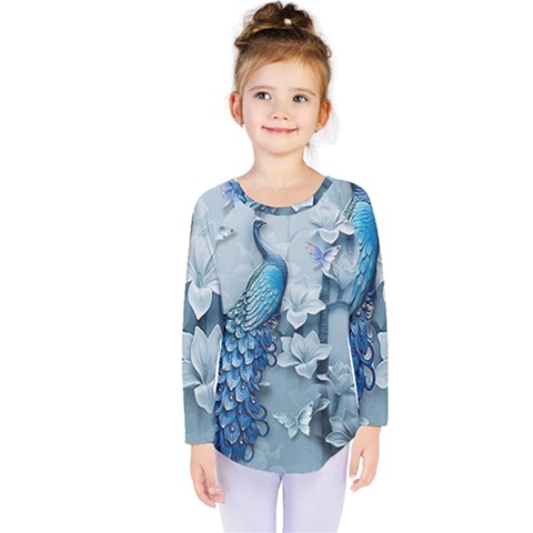 Chinese Style 3d Embossed Blue Peacock Oil Painting Kids  Long Sleeve T-shirt by Grandong