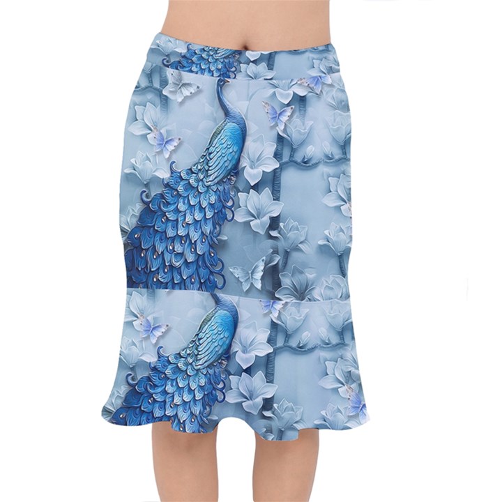 Chinese Style 3d Embossed Blue Peacock Oil Painting Short Mermaid Skirt