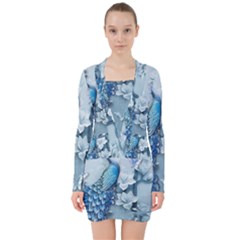 Chinese Style 3d Embossed Blue Peacock Oil Painting V-neck Bodycon Long Sleeve Dress by Grandong