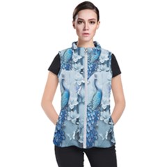 Chinese Style 3d Embossed Blue Peacock Oil Painting Women s Puffer Vest by Grandong